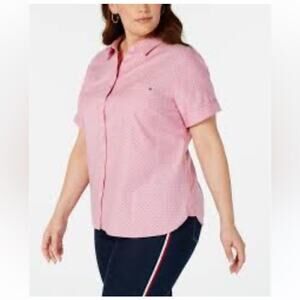 TOMMY HILFIGER 2XL Cotton Pink with black polka Dot Short Sleeve Camp Shirt
